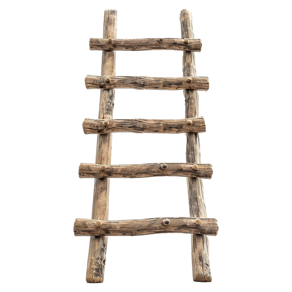 Rustic Wooden Ladder Isolated on White Background. Simple, Primitive, and Weathered Wooden Steps png