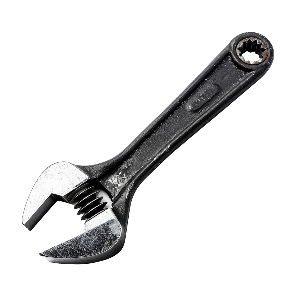 A wellused adjustable wrench isolated on white background showing signs of wear and tear png