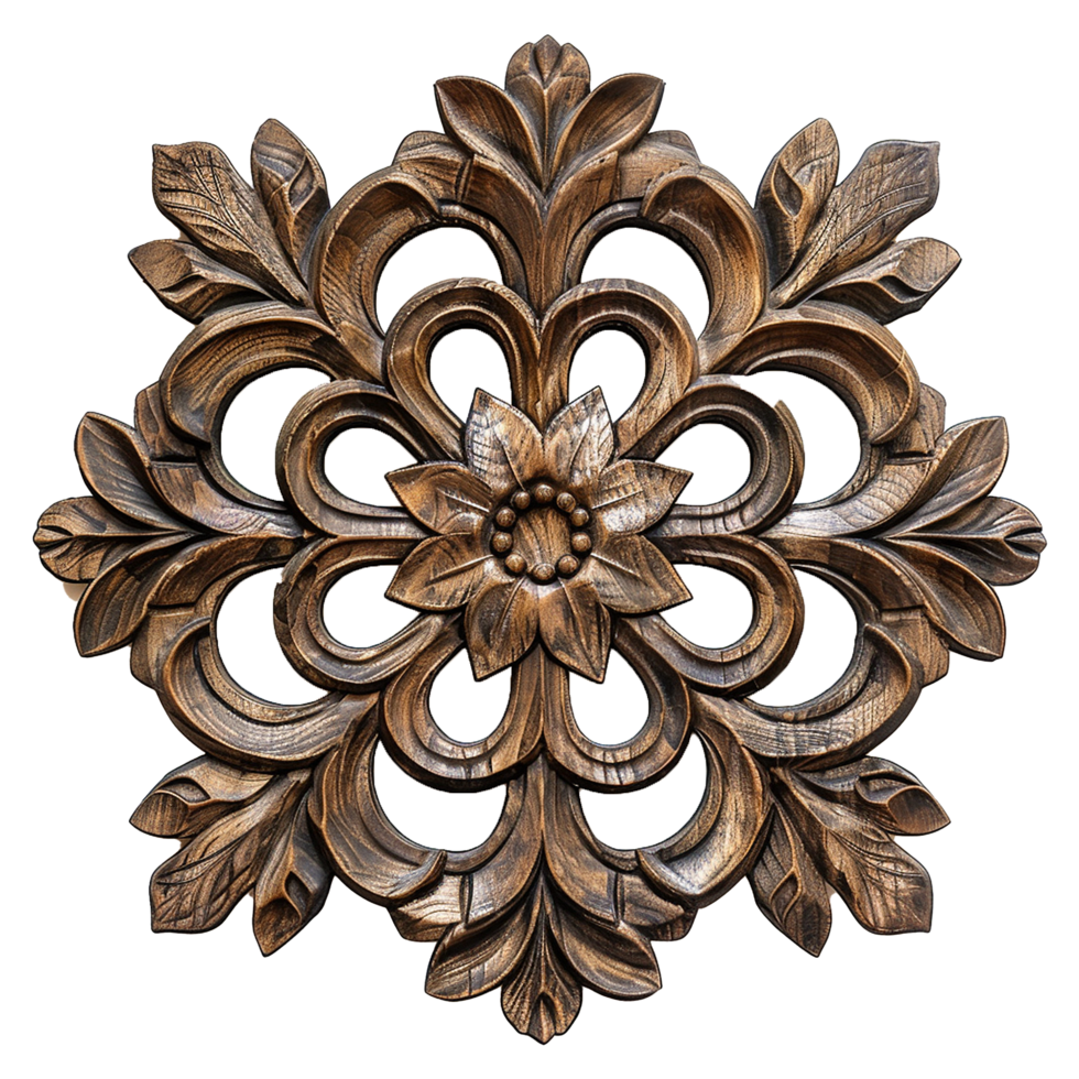 Intricate Wooden Carving of a Floral Design Ornate Brown Wood Relief with Detailed Leaf and Flower Patterns png