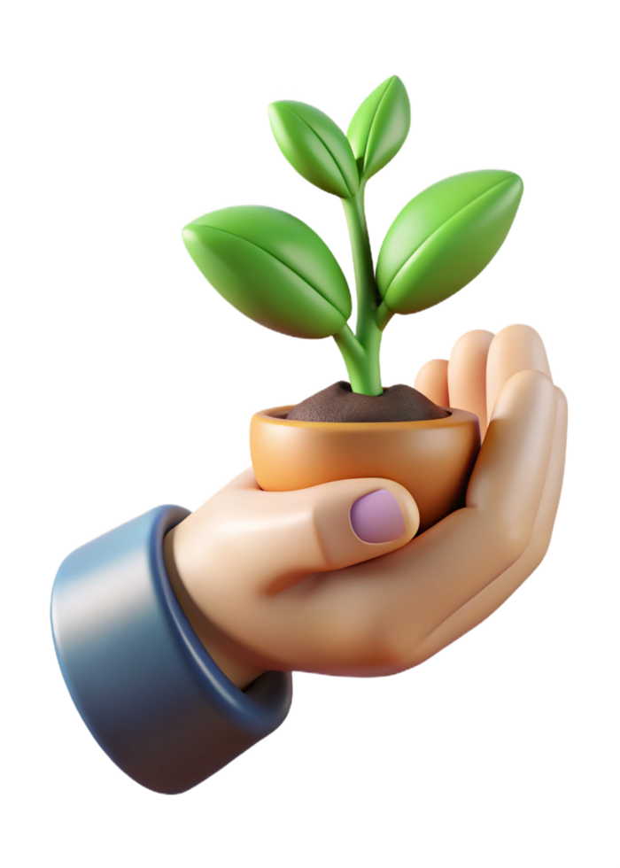 A 3D Render of Hand Gently Holding a Small Potted Plant with Vibrant Green Leaves png