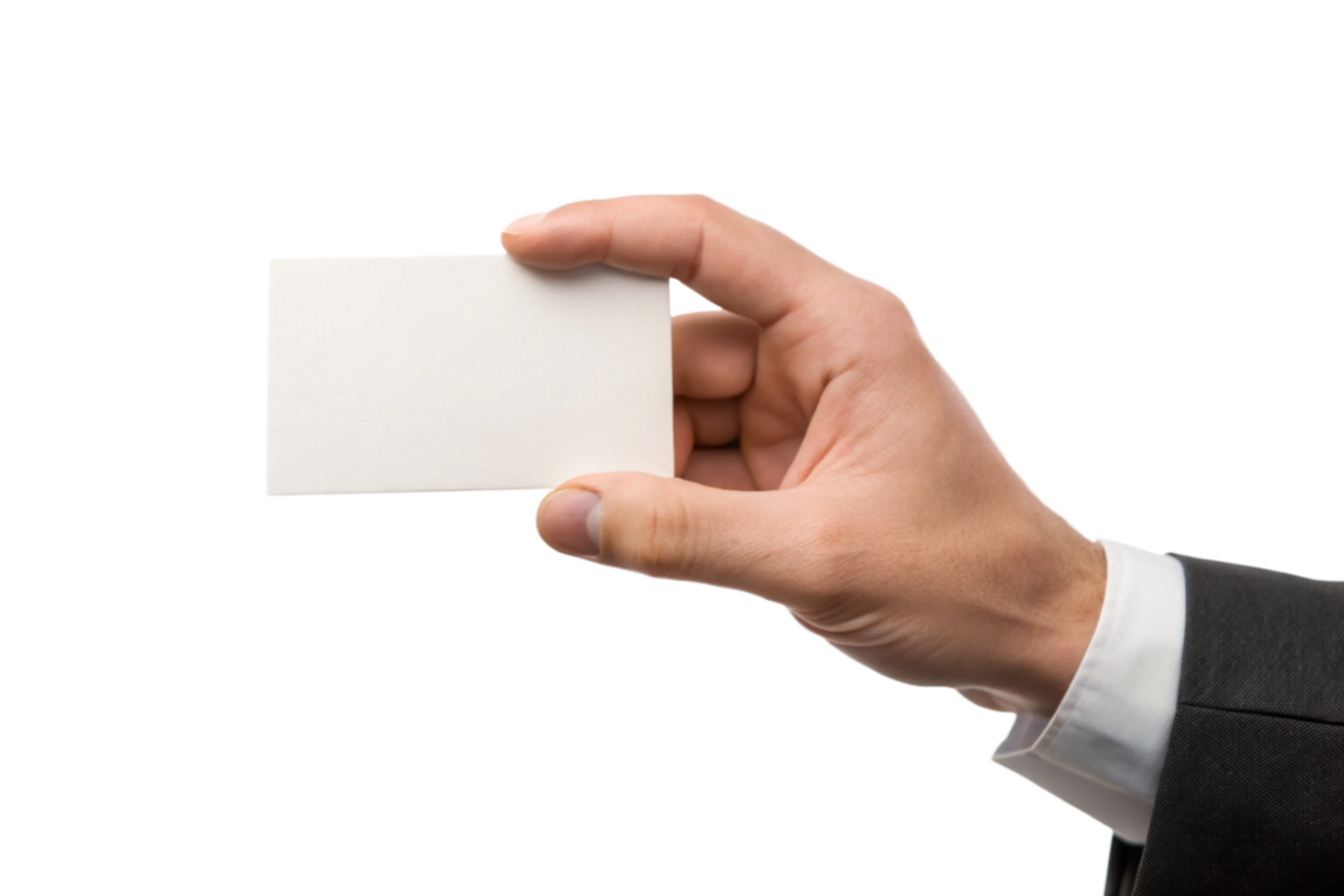 A man in a suit holds a blank white business card in his hand against a black background png