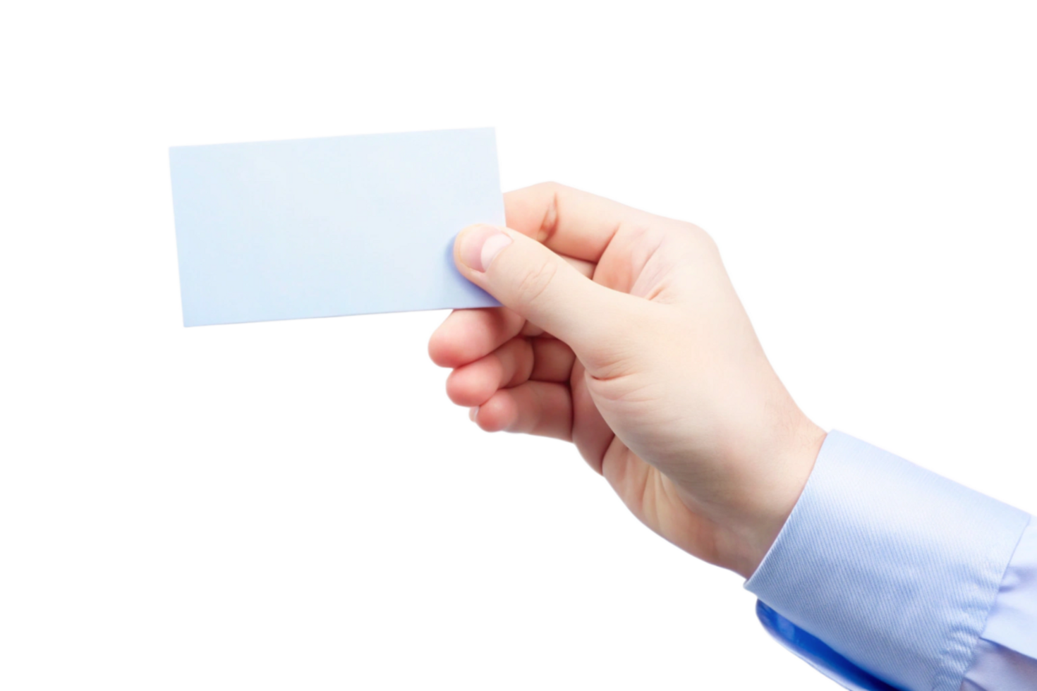 A hand holding a blank light blue card against a black background showing a business card or invitation png