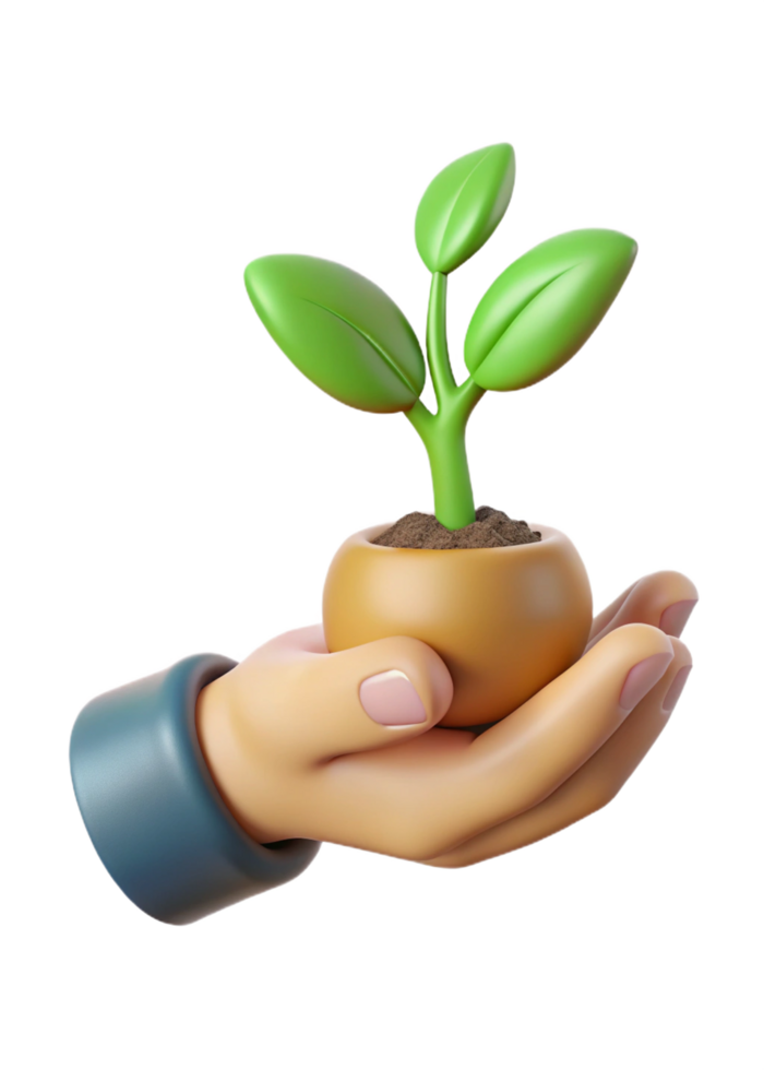 A nurturing hand gently cradles a small potted plant with vibrant green leaves, symbolizing growth, care, and environmental responsibility png