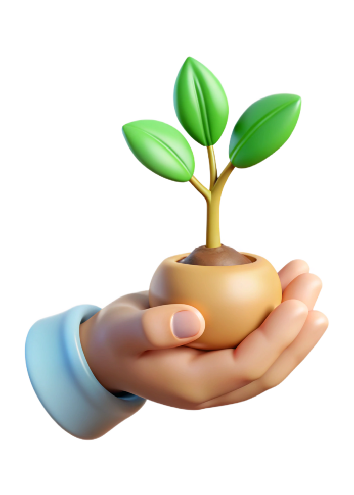 A 3D Render of a Hand Gently Holding a Small Plant in a Pot Symbolizing Growth Nature and Care png
