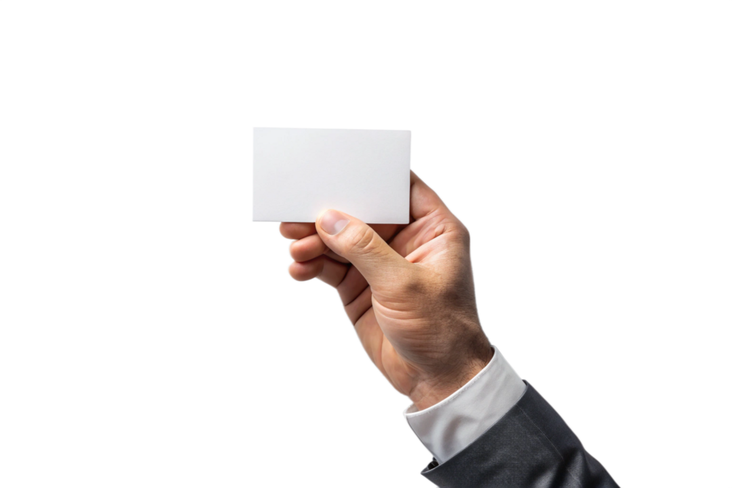 A man in a suit holds a blank white card in his hand against a black background png