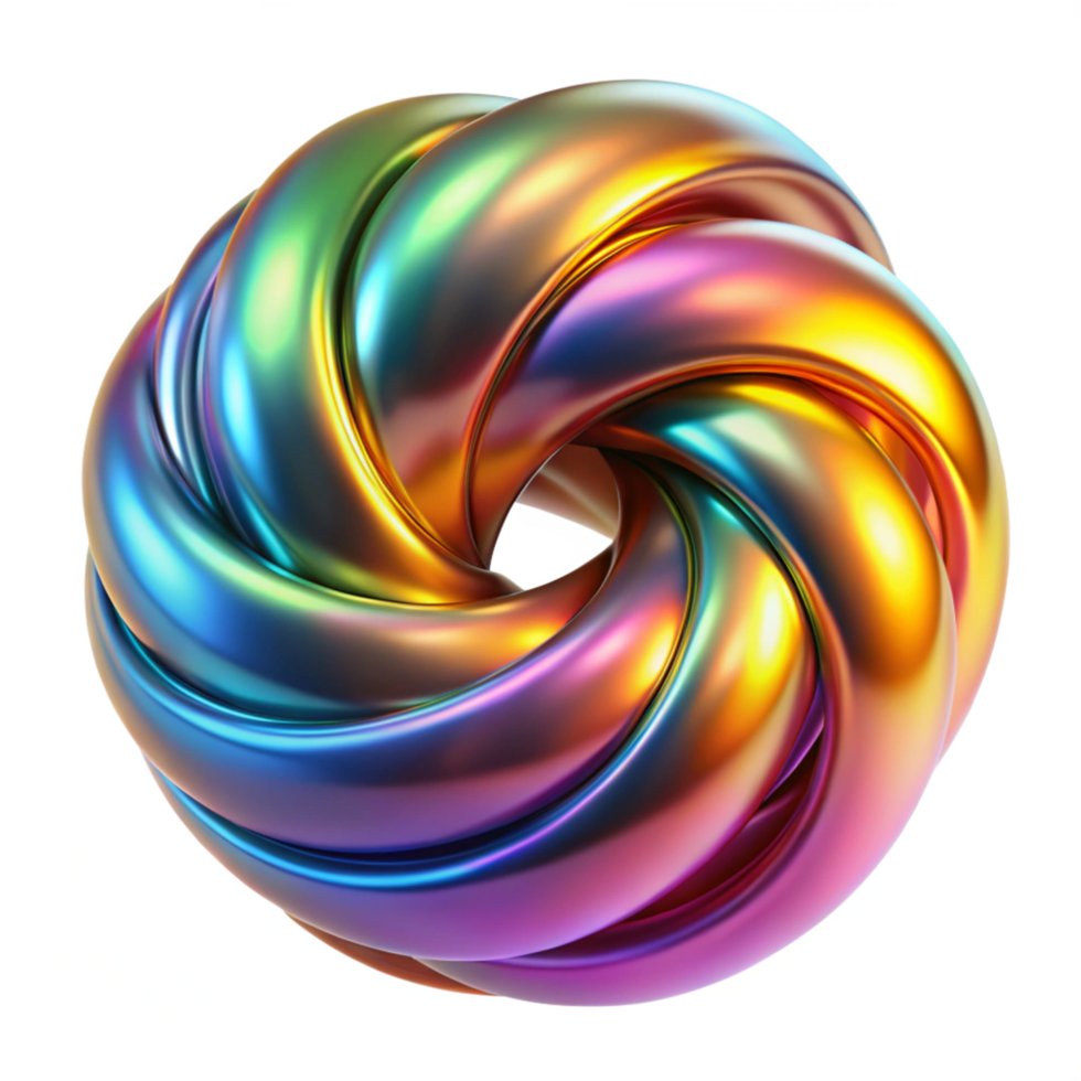Abstract 3D Render of a Rainbow Colored Torus Knot with Smooth Reflective Surface png