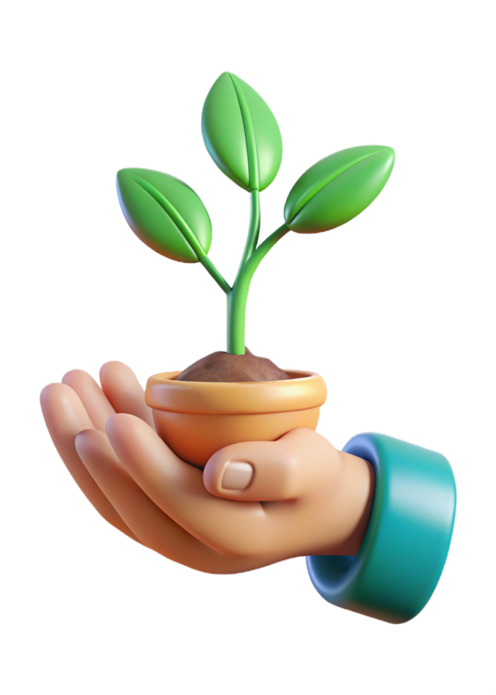 A 3D Render of a Hand Gently Holding a Small Potted Plant with Three Green Leaves png