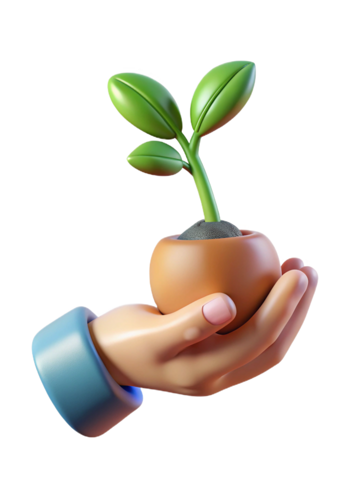 A 3D Render of a Hand Gently Holding a Small Potted Plant png