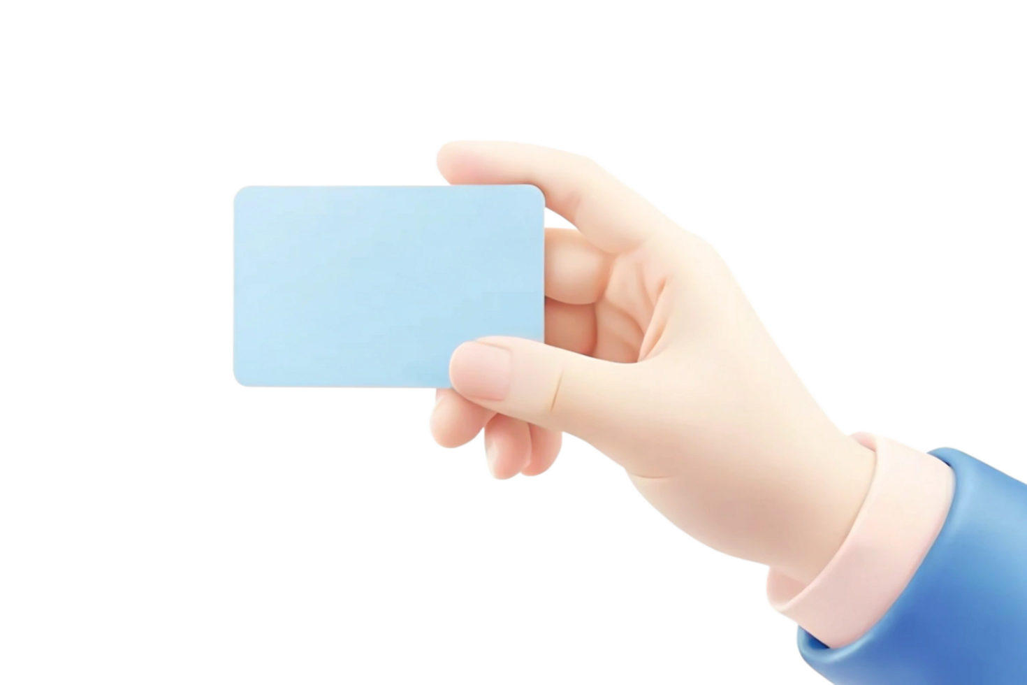 A hand holding a blank light blue card business card mockup template png