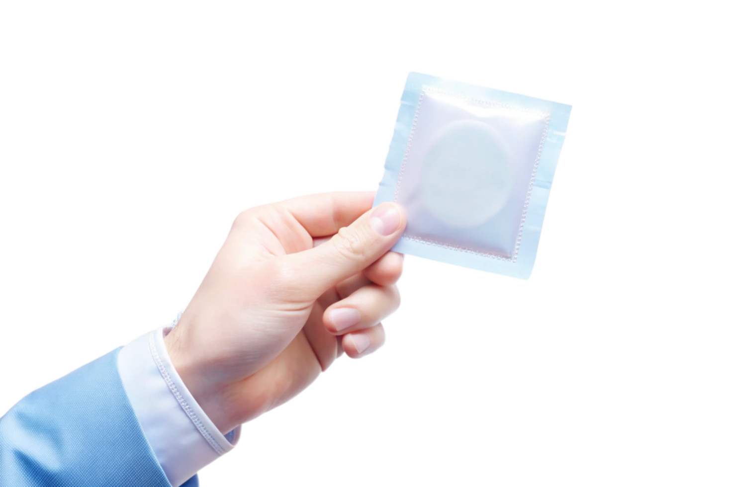 A hand in a blue shirt sleeve holds a condom in its individual package png