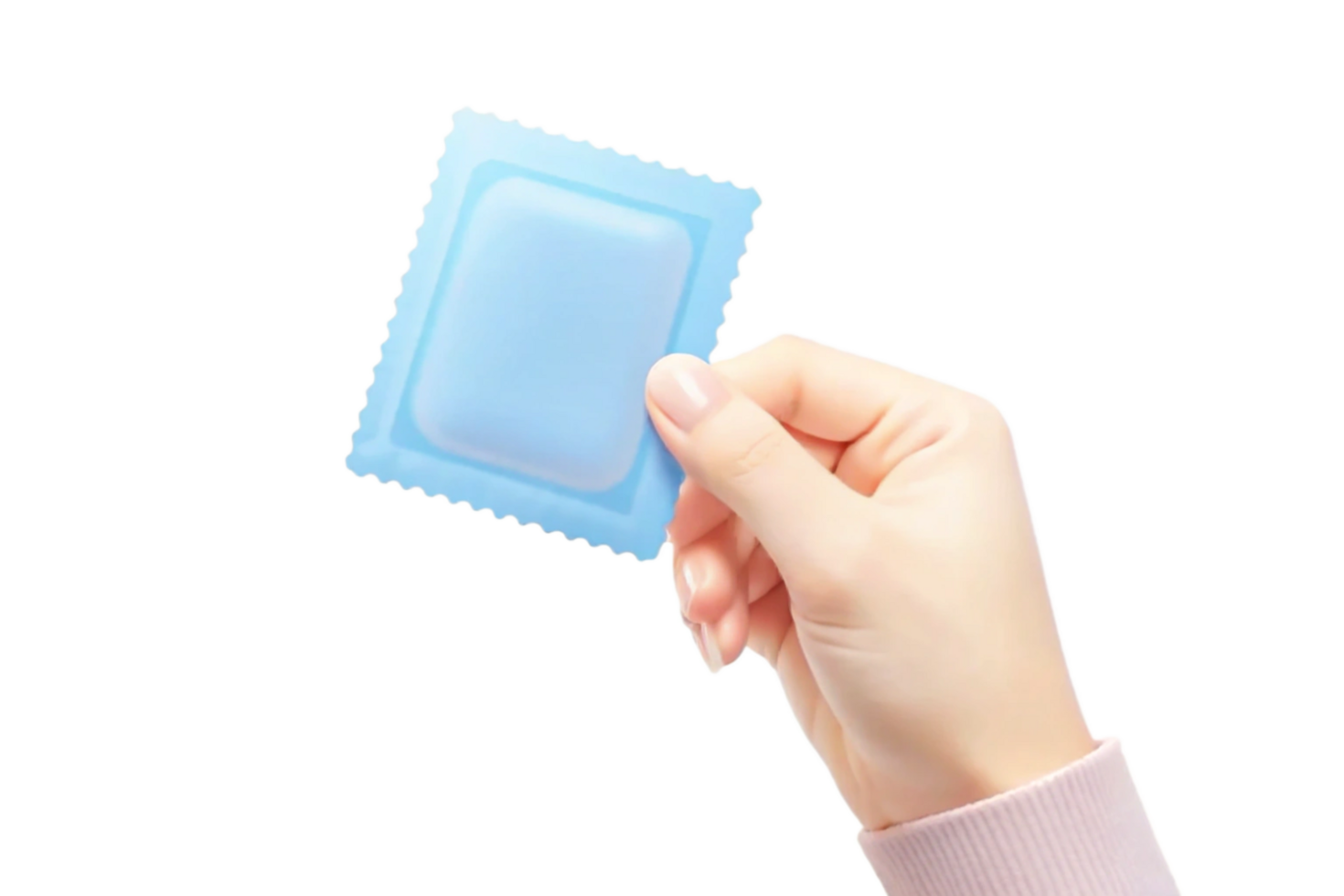 A Woman's Hand Holding a Light Blue Sachet or Packet png