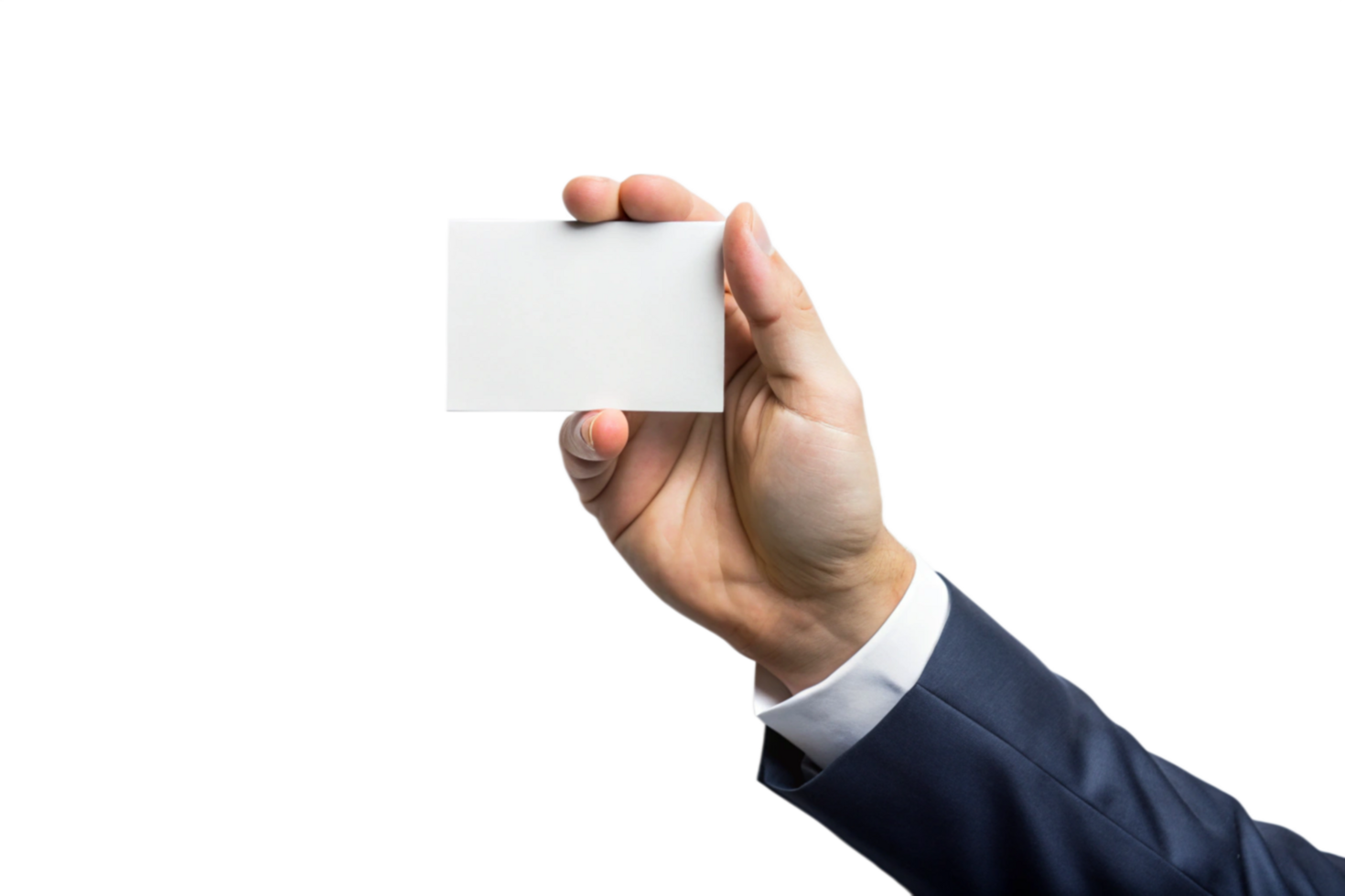 A Man in a Suit Holding a Blank Business Card Against a Black Background png