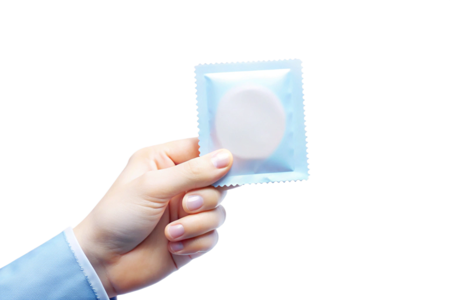 A hand in a light blue sleeve holds a condom in its individual packaging against a black background png
