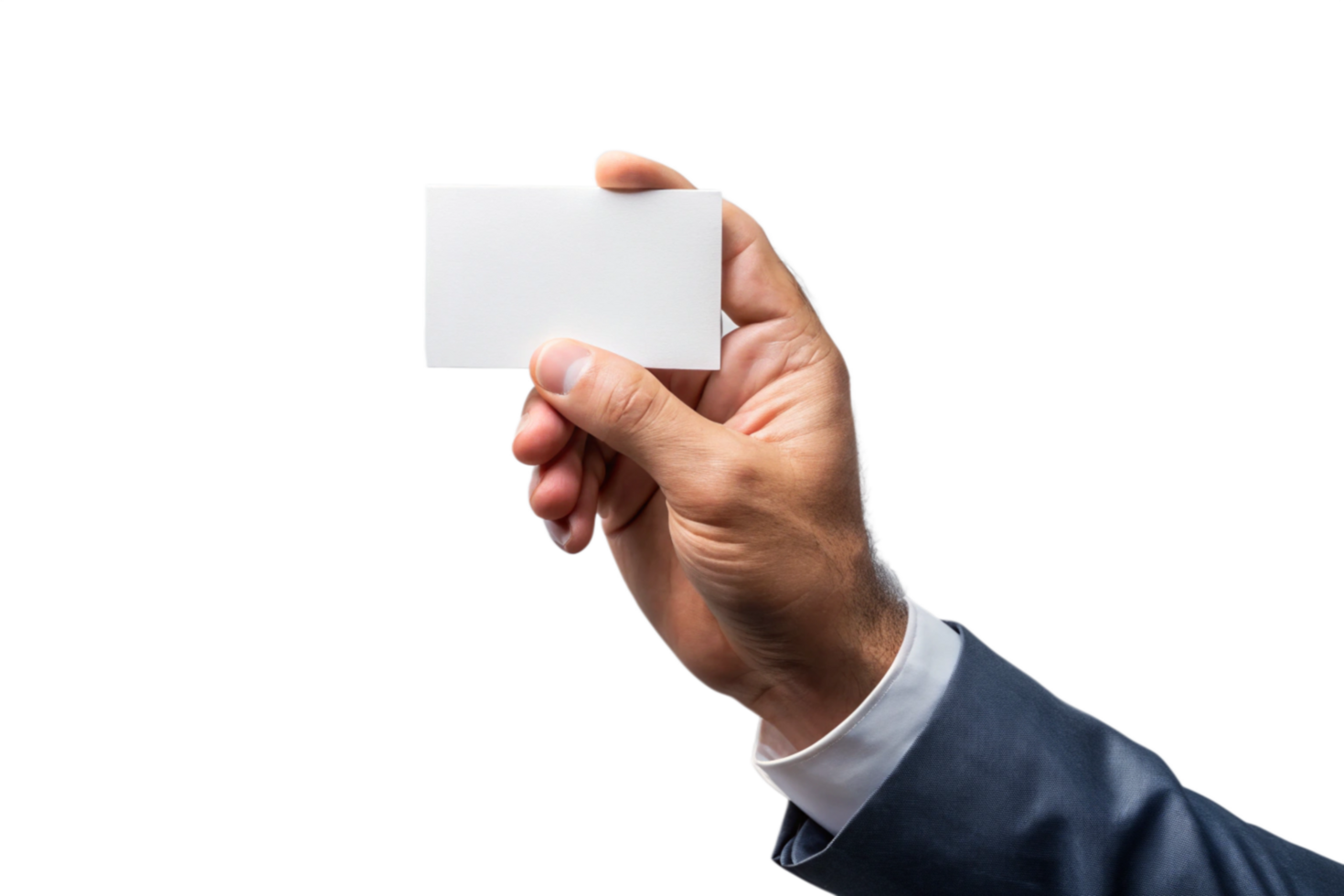 A man in a suit holding a blank white business card, showcasing a clean and modern presentation for marketing or corporate communication png