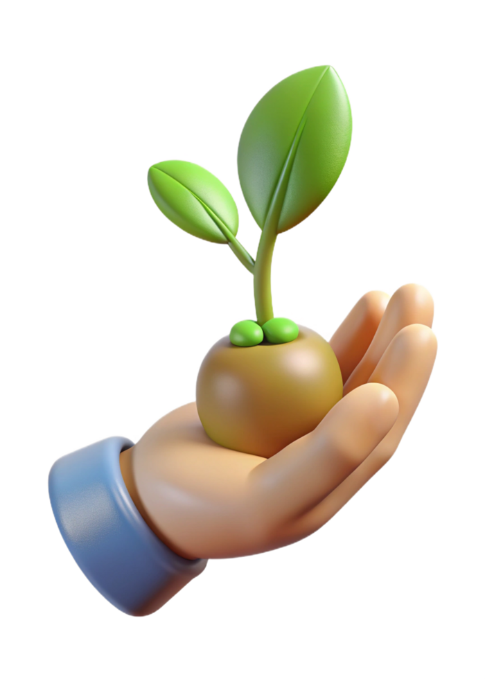 A 3D Render of a Hand Gently Holding a Young Sprout Plant Representing Growth and New Beginnings png