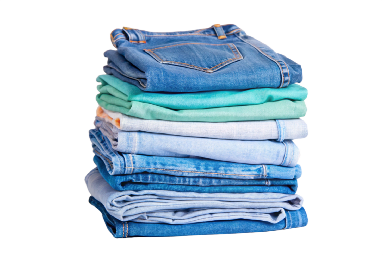 Neat Stack of Blue Jeans and Pants Folded in Various Shades of Blue and Teal png