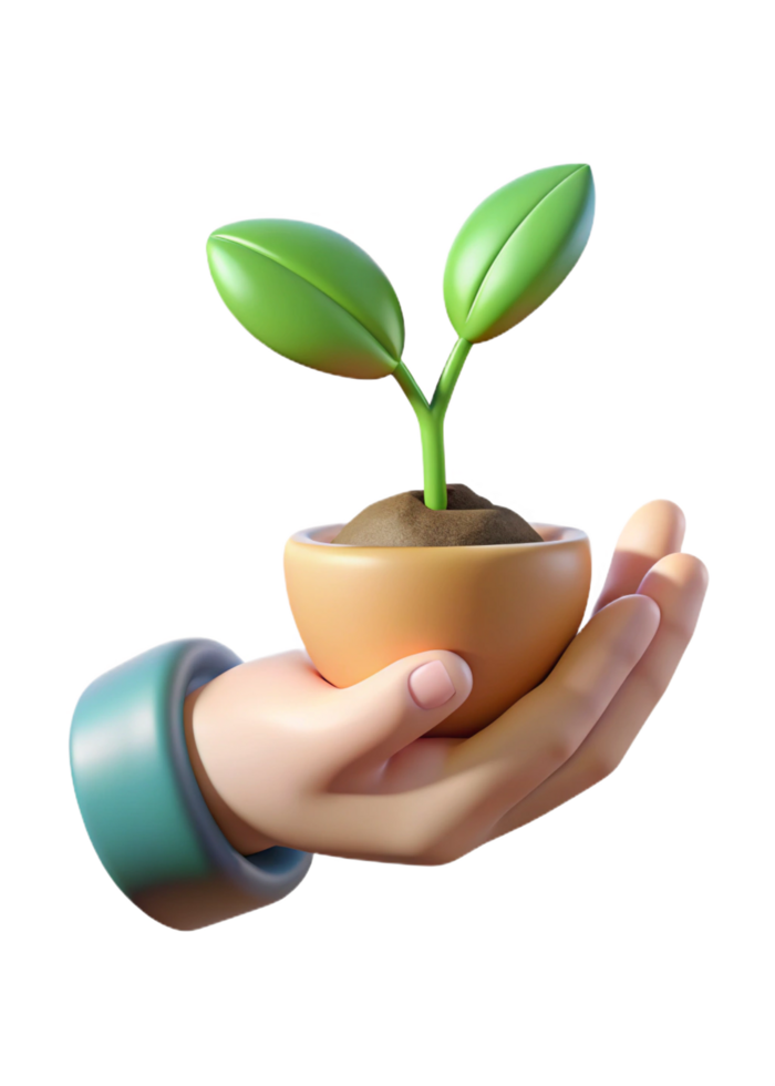 A 3D Render of a Hand Gently Holding a Small Potted Plant with Two Bright Green Leaves png