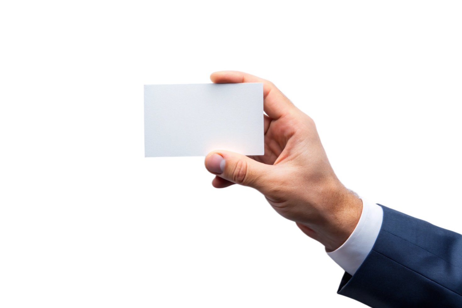 A Man in a Suit Holding a Blank White Business Card Against a Black Background png