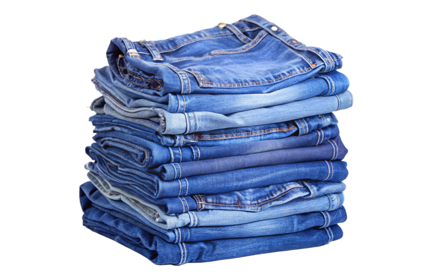 A neatly stacked pile of various shades of blue jeans, denim clothing apparel png