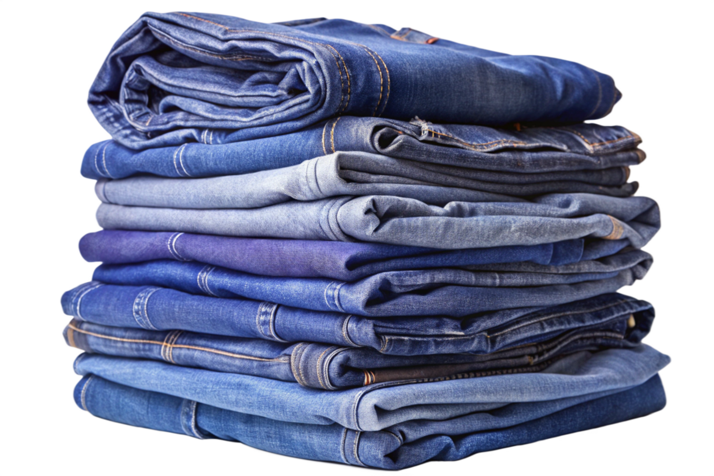 A neatly stacked pile of blue jeans of various shades and textures png