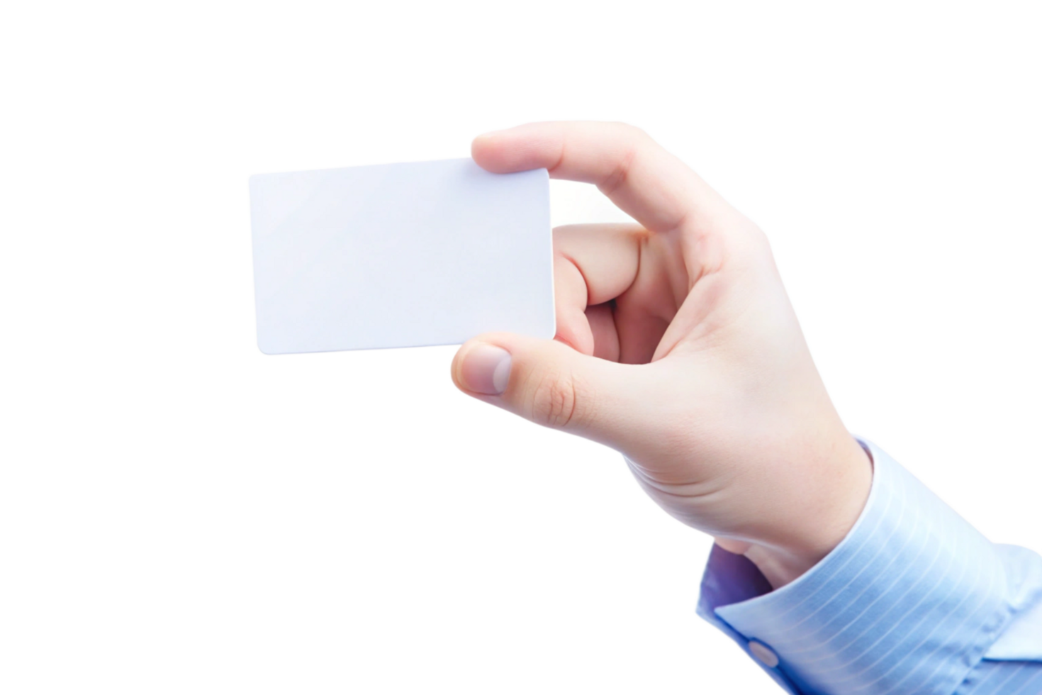A hand in a blue shirt holds a blank white card or business card png