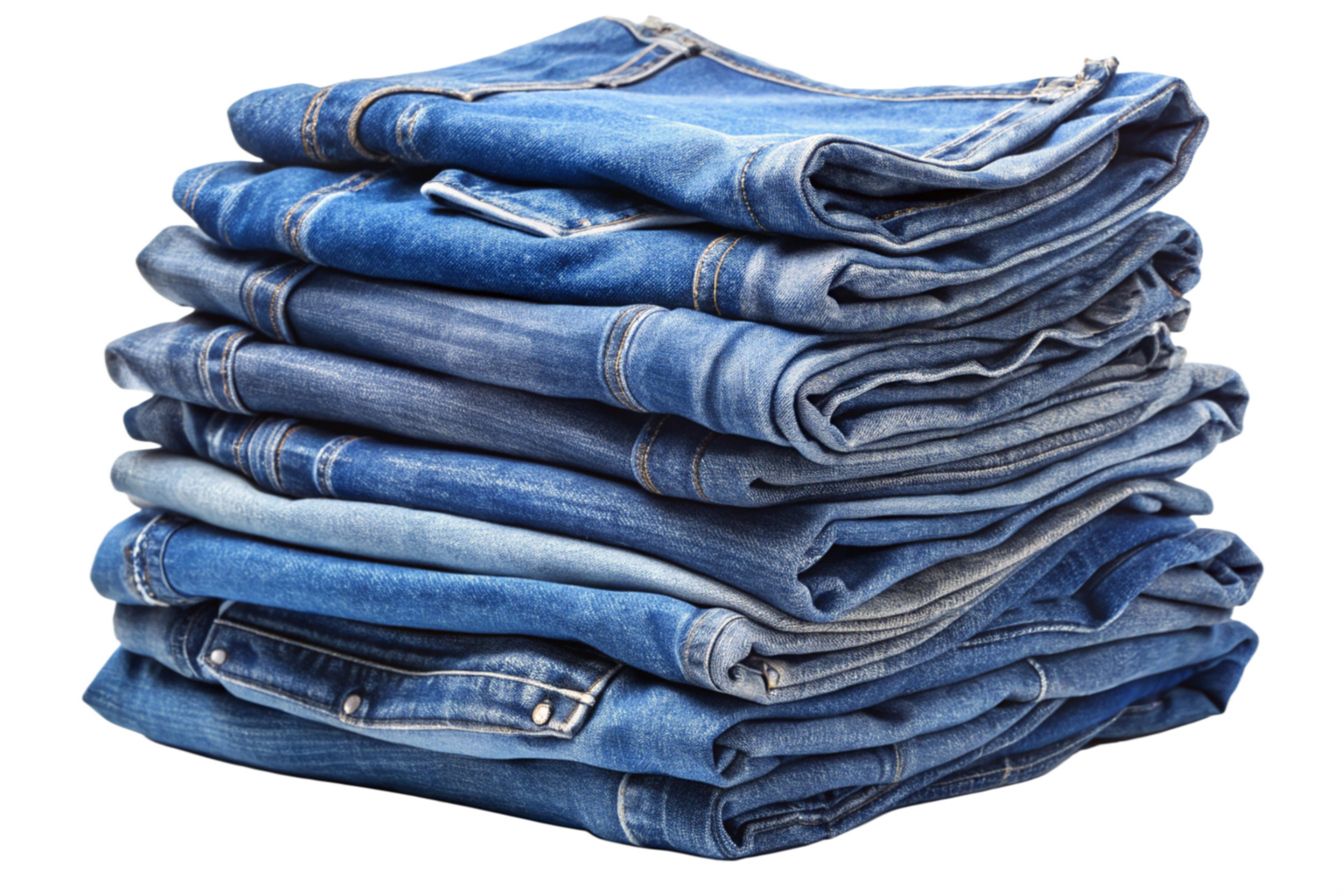 A neatly stacked pile of various blue denim jeans showing different shades and textures png
