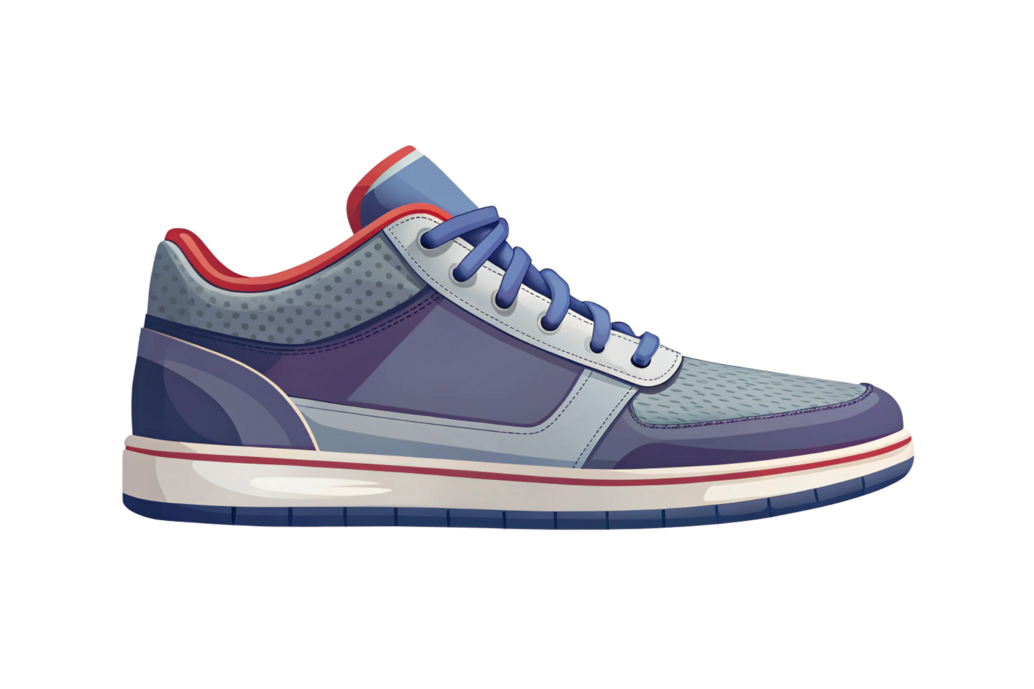 Stylish Blue and Gray Athletic Sneaker with Red Accents png