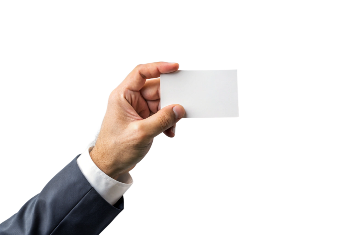 A businessman's hand in a suit holding a blank white card against a black background png