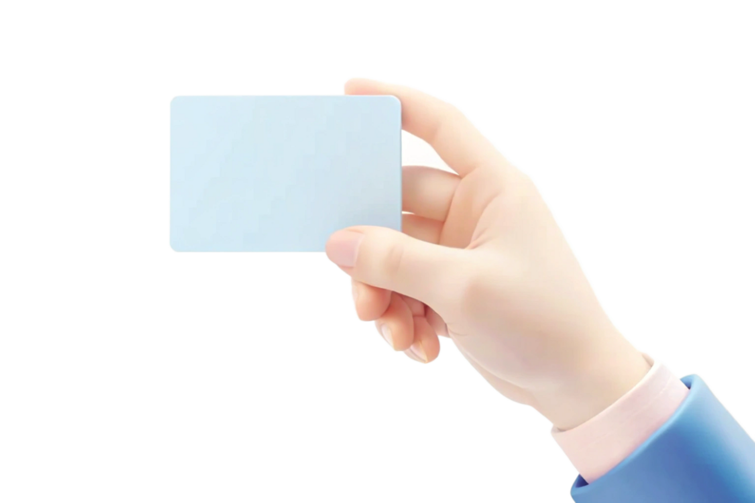 A hand holding a blank light blue card business card presentation mockup png
