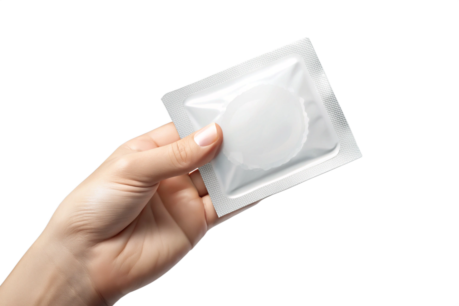 A woman's hand holding a condom in its individual foil package against a black background png