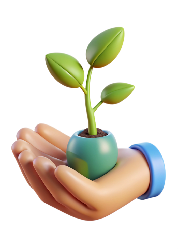 A 3D Render of a Hand Gently Holding a Small Potted Plant with Growing Green Leaves png