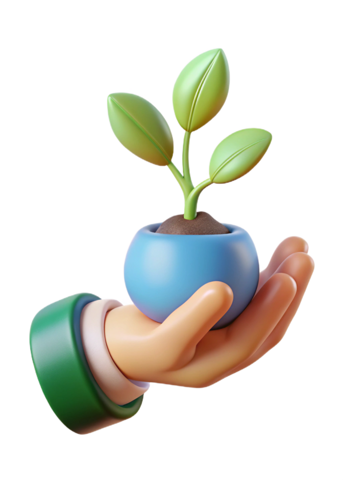 A 3D Render of a Hand Gently Holding a Small Potted Plant with Three Leaves png