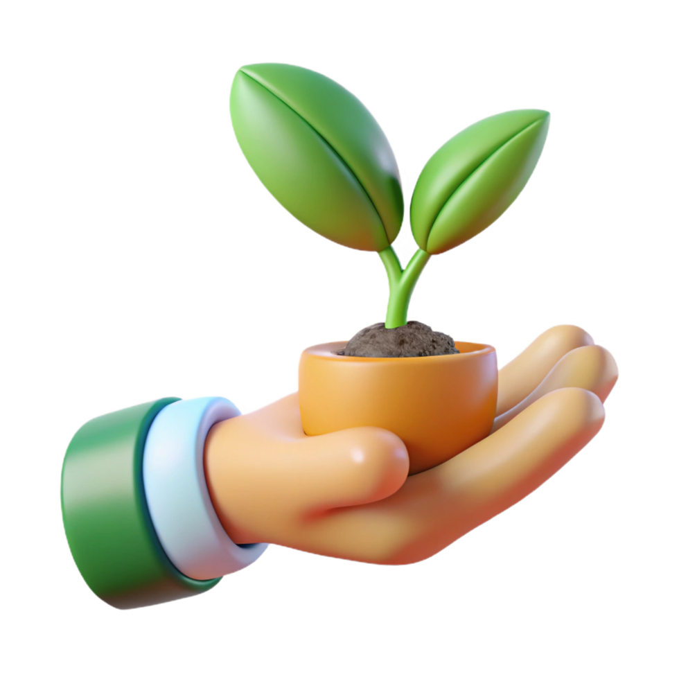 A 3D Render of a Helping Hand Gently Holding a Small Potted Plant with Two Green Leaves png