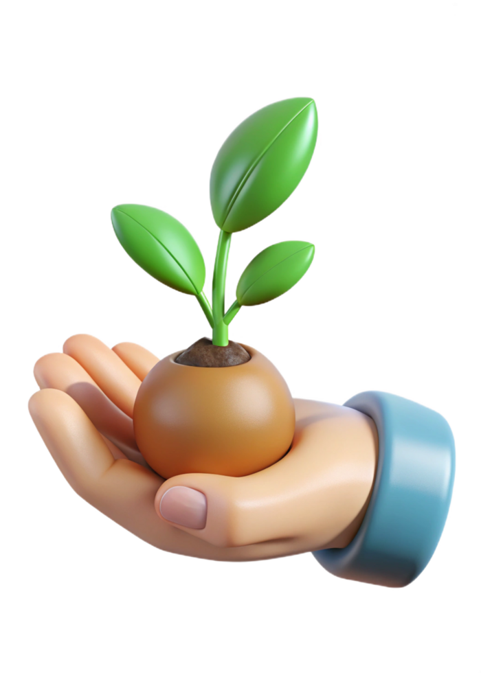 A 3D Render of a Helping Hand Gently Holding a Young Sprout in a Pot png