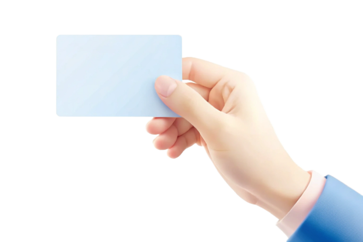 A hand holding a blank light blue card business card invitation png