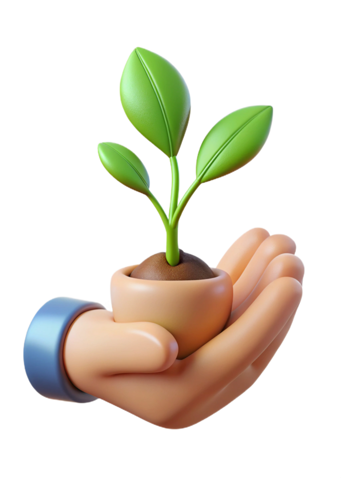 A 3D rendering of a nurturing hand gently cradling a young plant in a pot, symbolizing growth, care, and environmental protection png