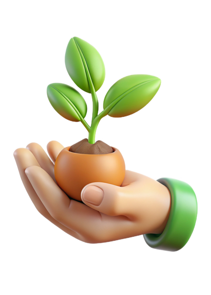 A 3D rendering of a hand gently holding a small potted plant with vibrant green leaves png