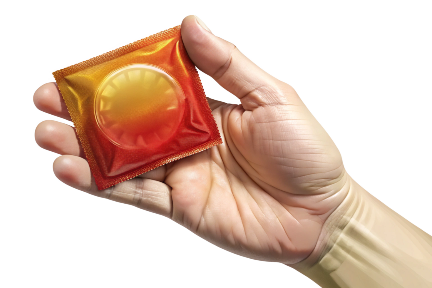 A hand holding a condom package showing a red and yellow design png