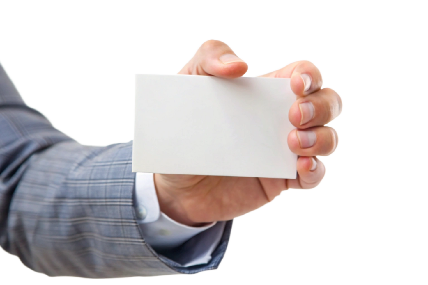 A Man in a Gray Suit Holding a Blank Business Card png