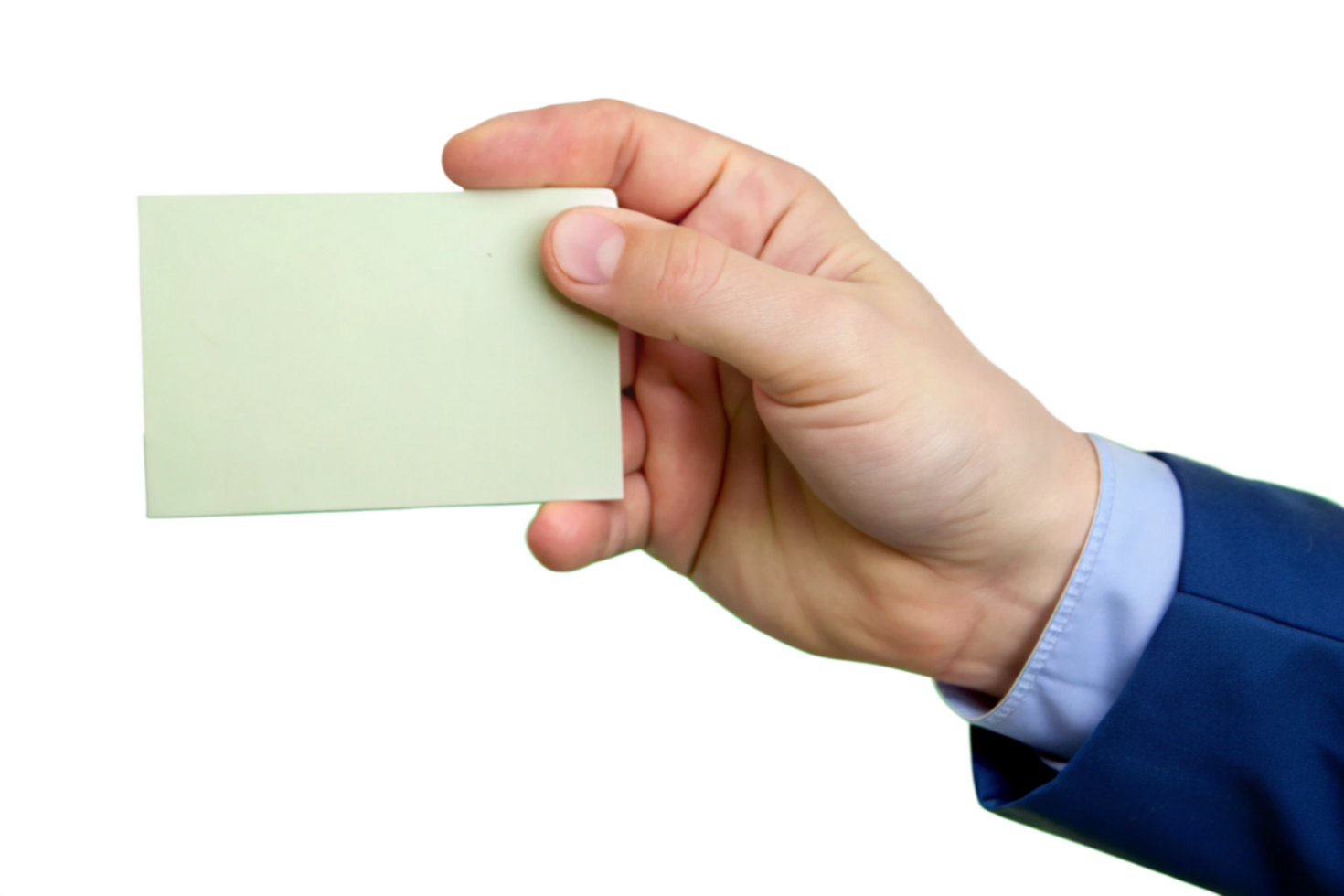 A man in a blue suit holds a blank light green sticky note png