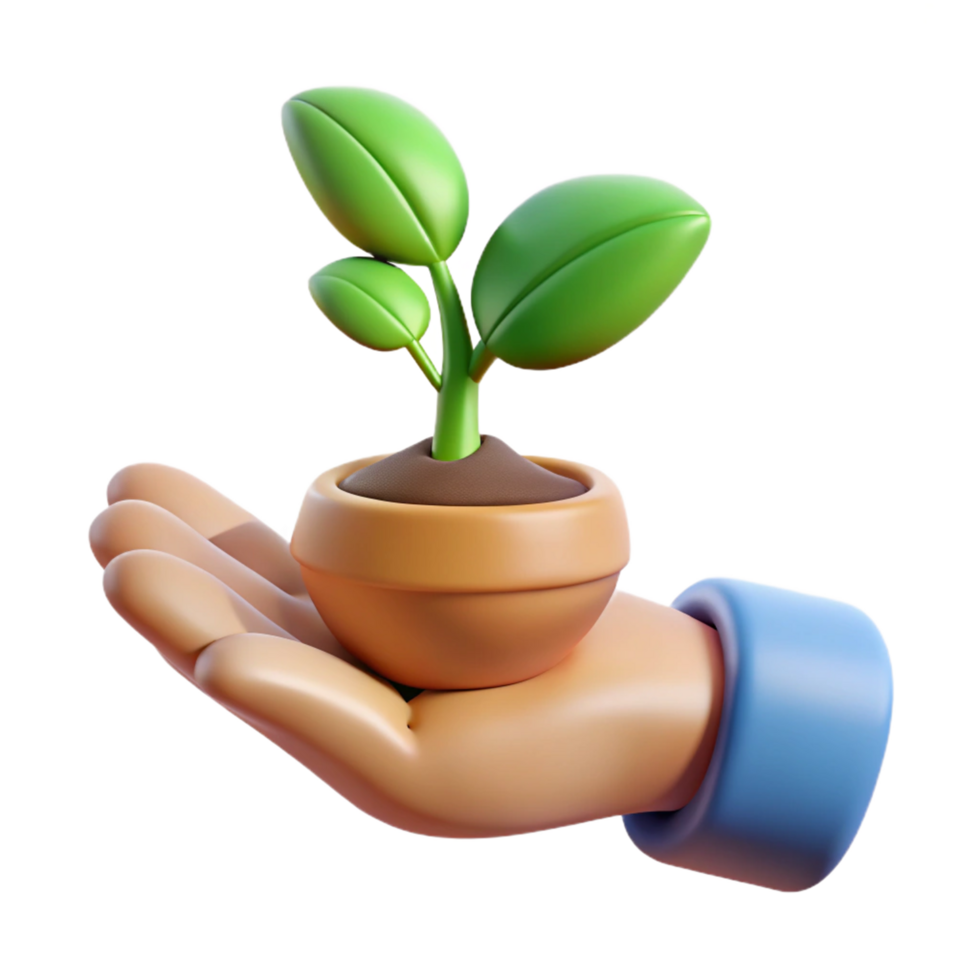 A 3D Render of a Hand Gently Holding a Small Potted Plant with Lush Green Leaves png