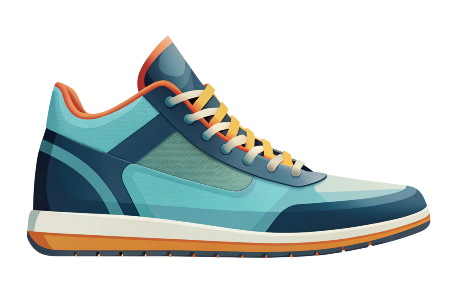 Stylish Teal and Navy Blue Sneaker with Orange Accents and White Laces png