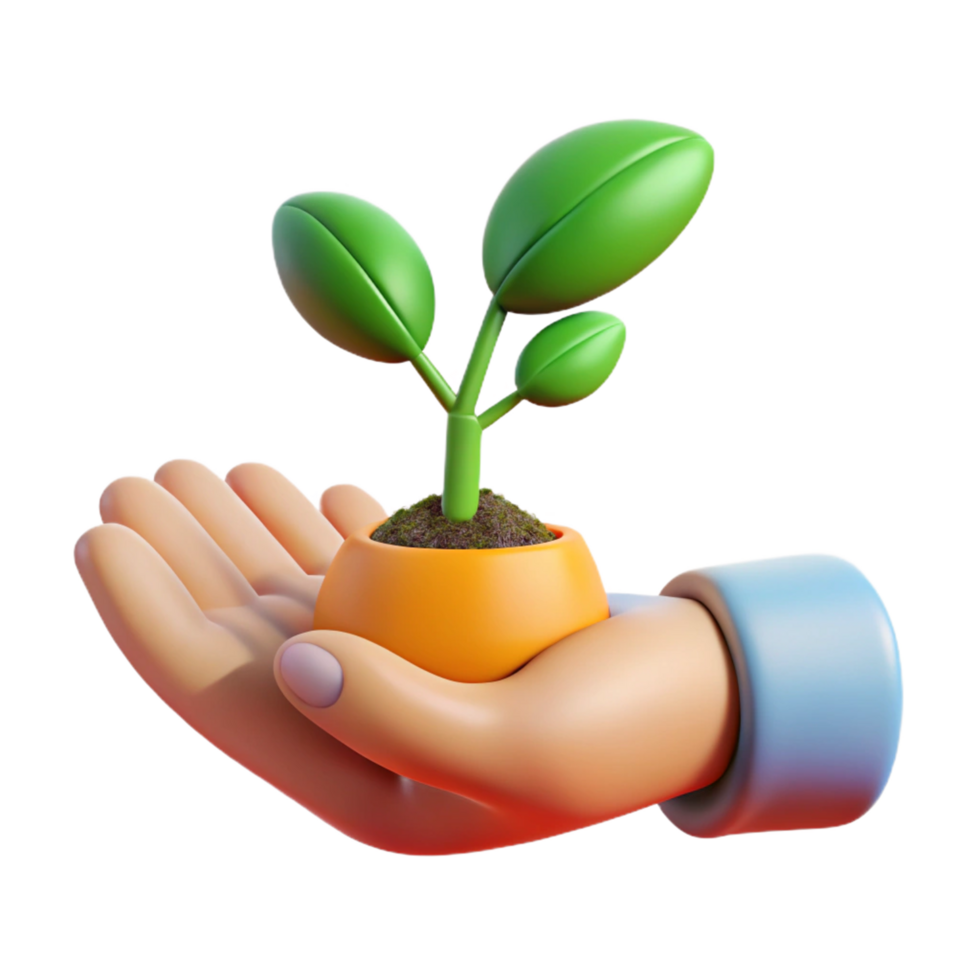 A 3D Render of a Cartoon Hand Gently Holding a Small Orange Potted Plant with Green Leaves png