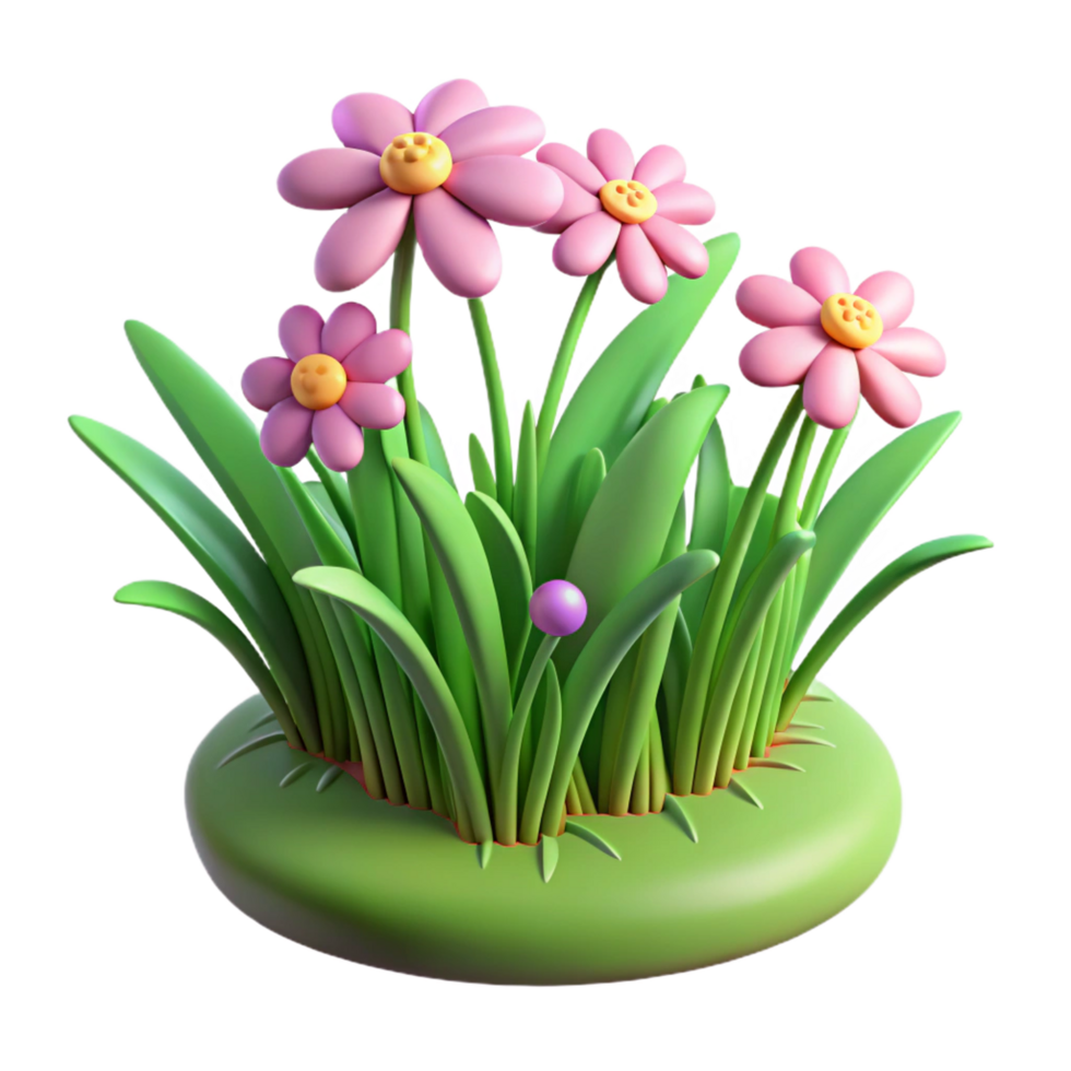 3D Render of Pink Flowers in Lush Green Grass png