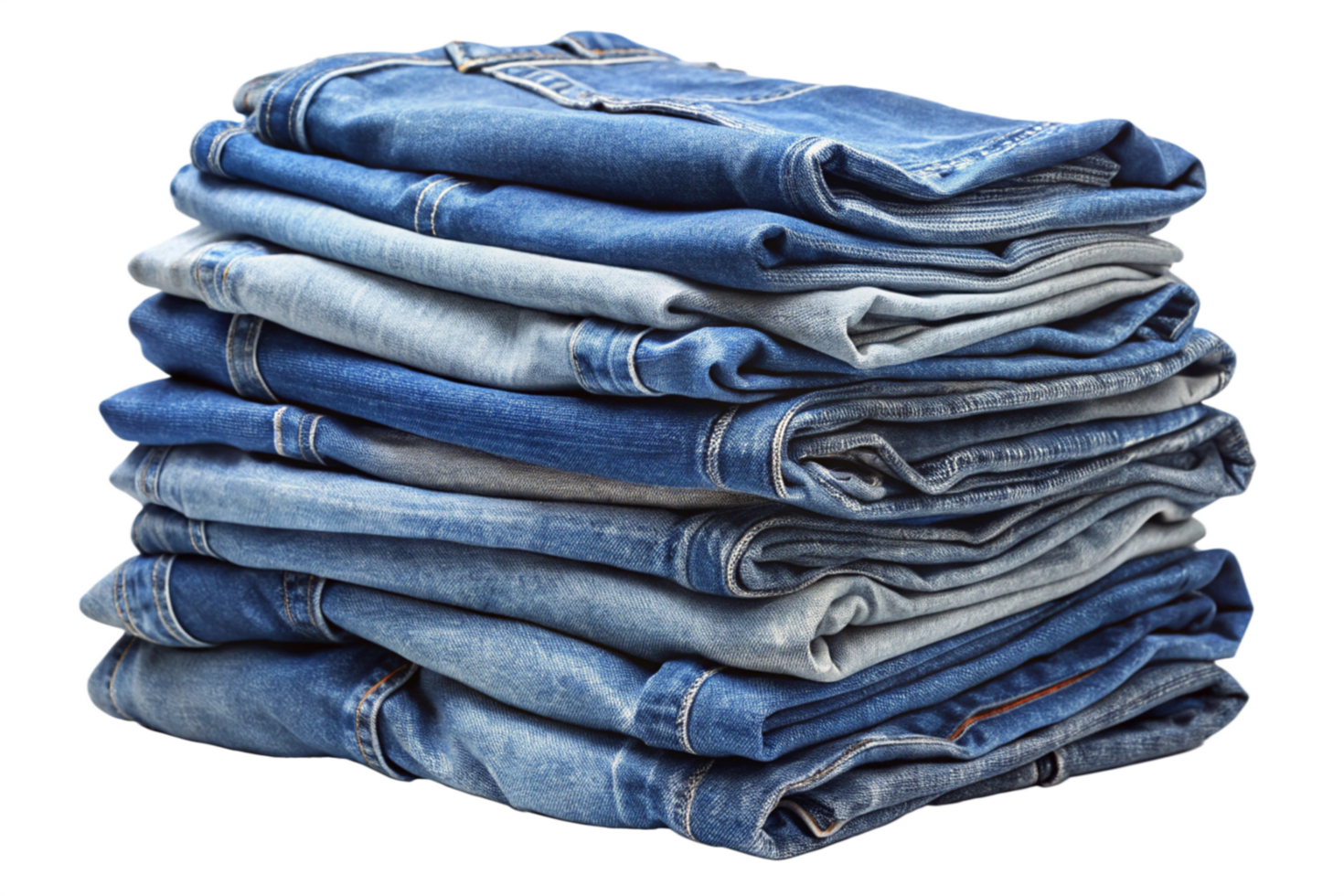 A neatly stacked pile of blue jeans of varying shades and washes png