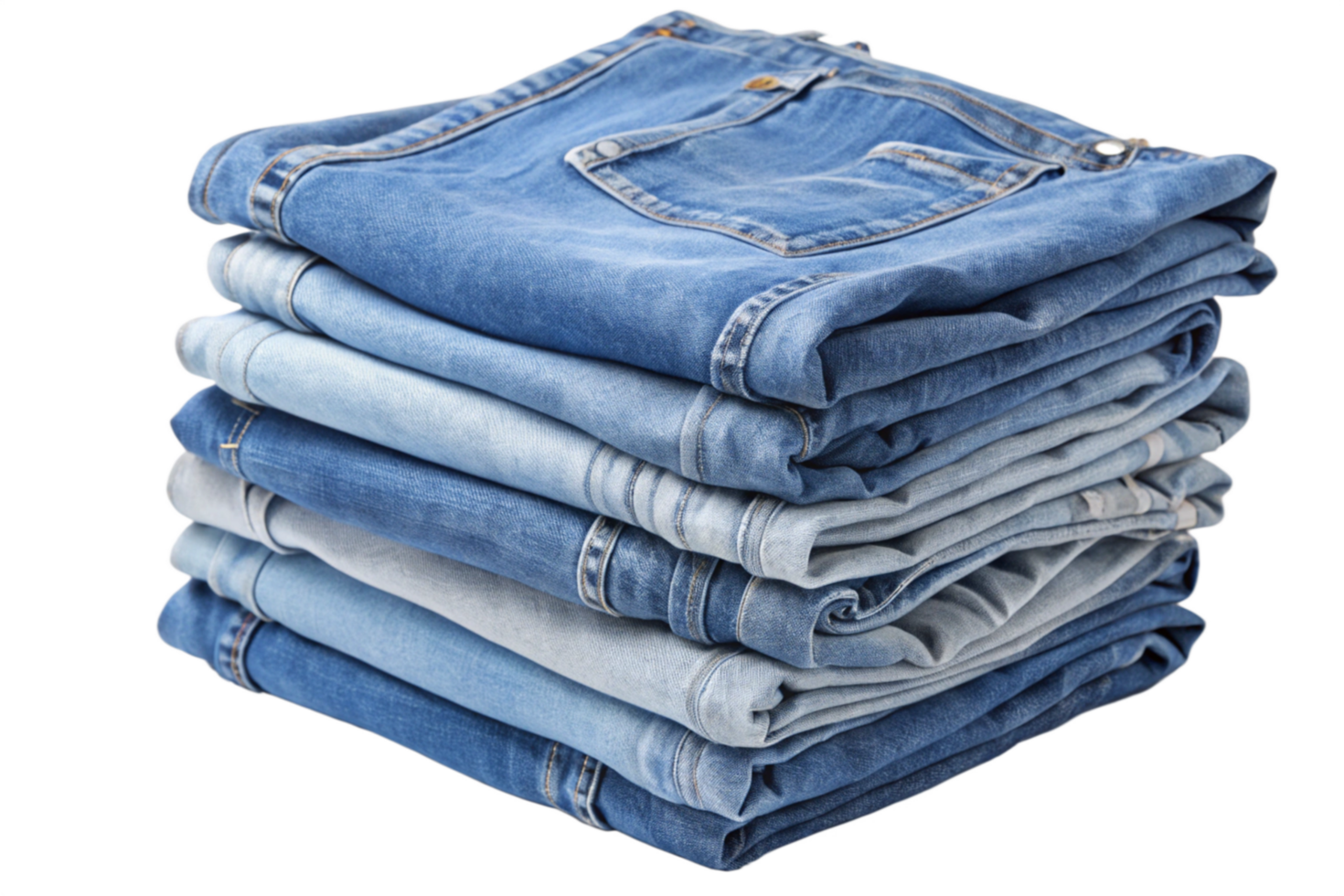 Neatly stacked pile of various shades of blue jeans, showcasing different denim textures and folds png