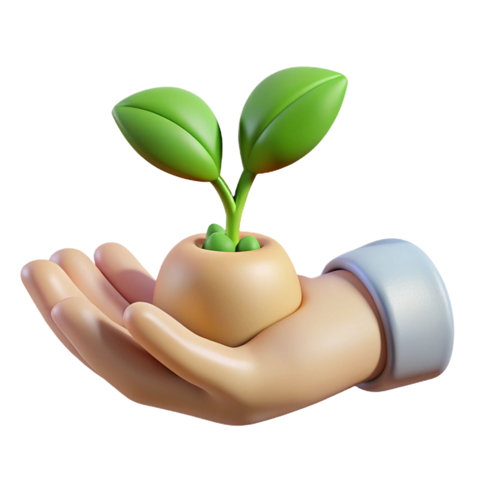 A 3D Render of a Hand Gently Holding a Young Plant Sprout in a Pot Representing Growth Sustainability and Care png