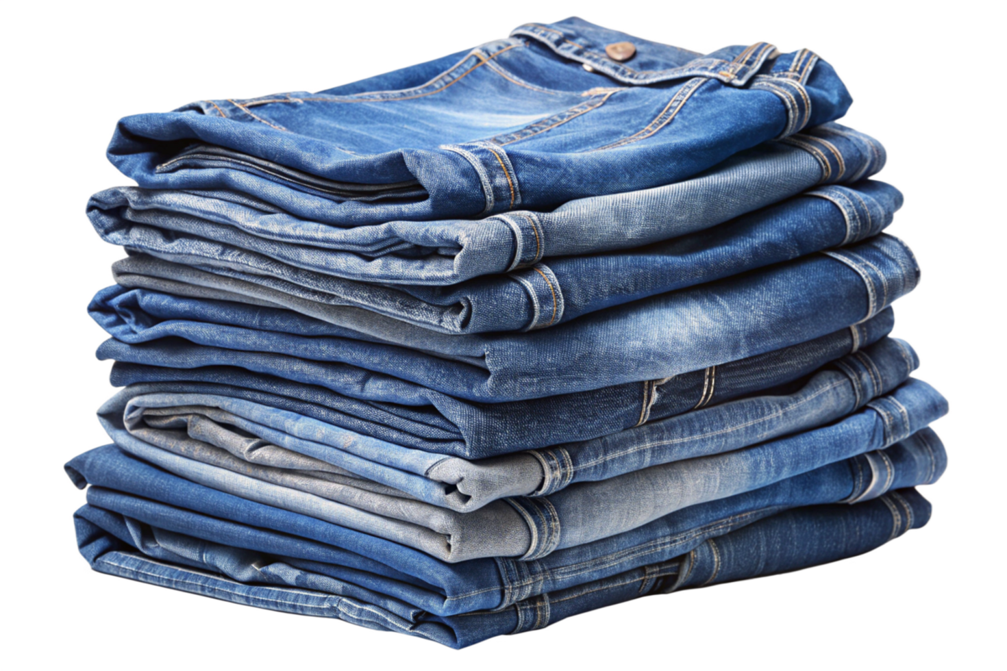 A neatly stacked pile of various blue jeans showcasing different shades and textures of denim png