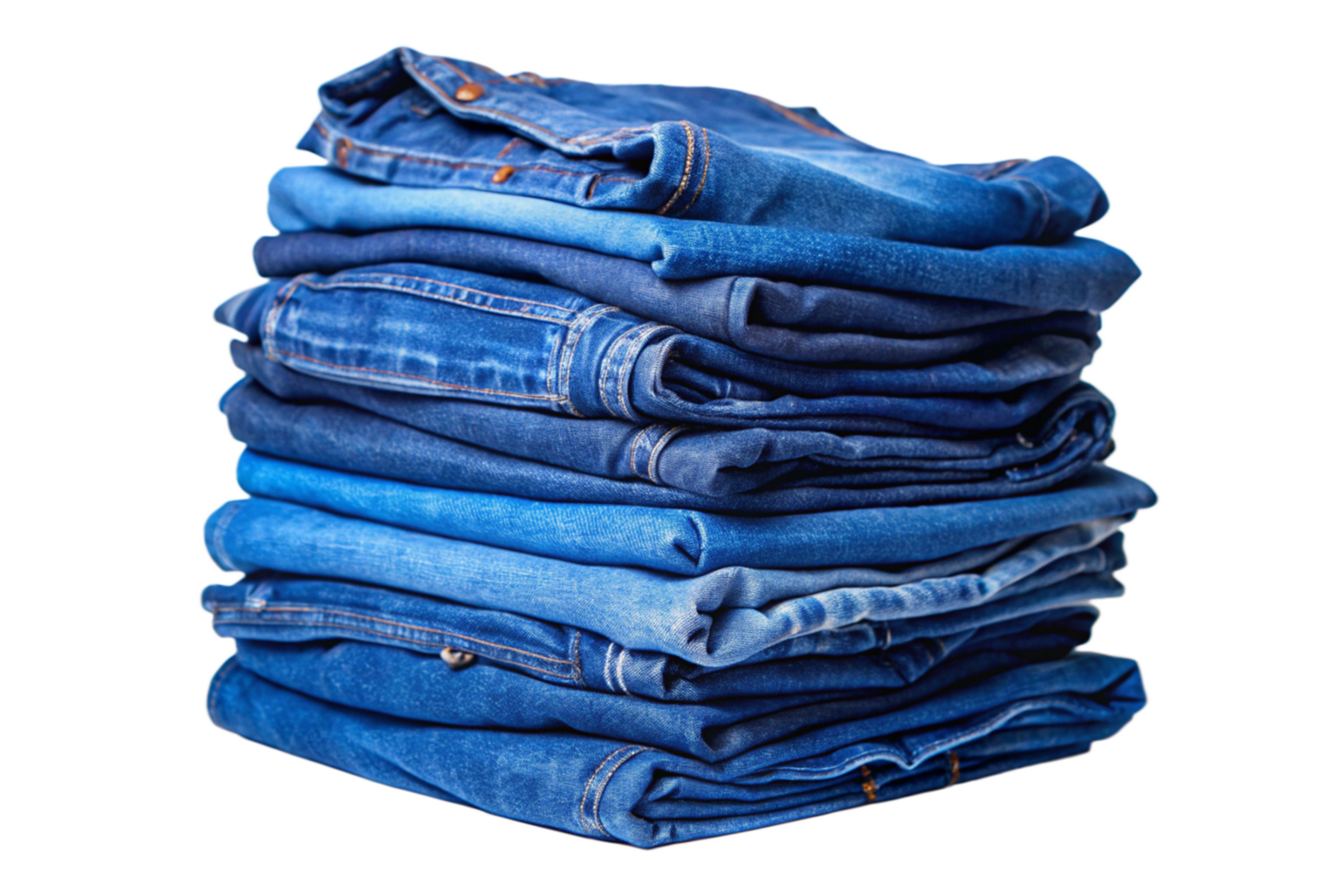 A neatly stacked pile of various shades of jeans denim pants png