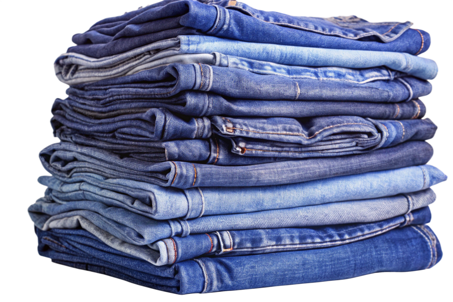 A large stack of folded blue jeans of various shades and textures png